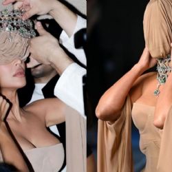 El regreso de un ícono: Kim Kardashian impresiona con máscara y corset nude en alfombra roja