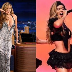 Karol G impone moda con vestido de estampado serpiente y sandalias transparentes al estilo de los 2000
